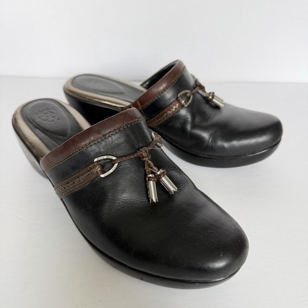 ARIAT 21080 Western Style Clogs Women 8.5B Black Leather Mules Brown Trim Casual